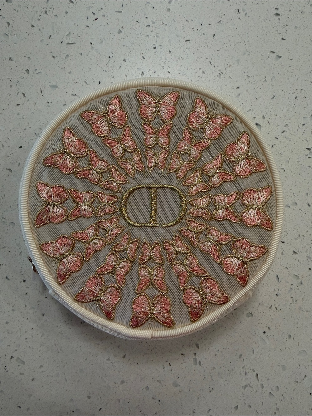 Dior Round Butterfly Embroidered Cream and Pink Travel Pouch